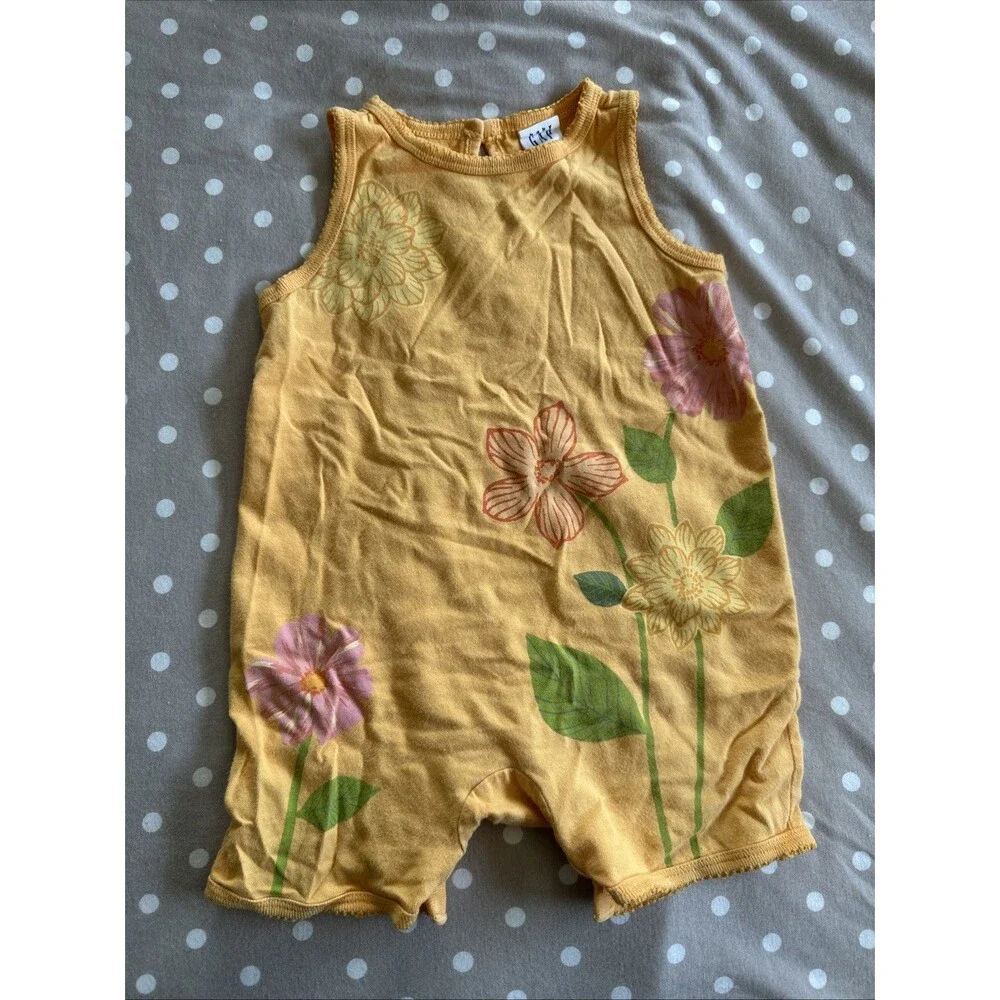 Baby Gap Vintage 3-6 Months Y2K Orange Floral Romper 2001 Shortalls Girls Small